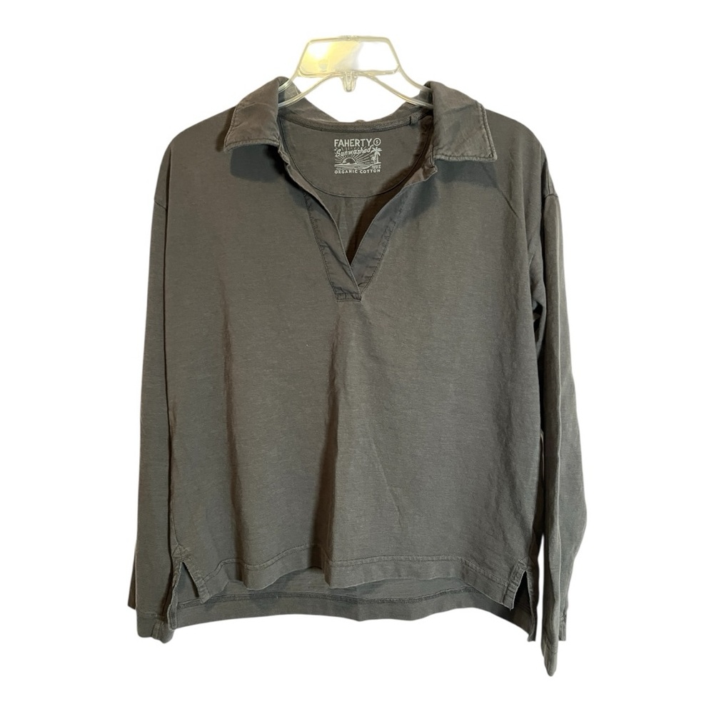 Faherty Open-Collar Long Sleeve Top in Charcoal Gray